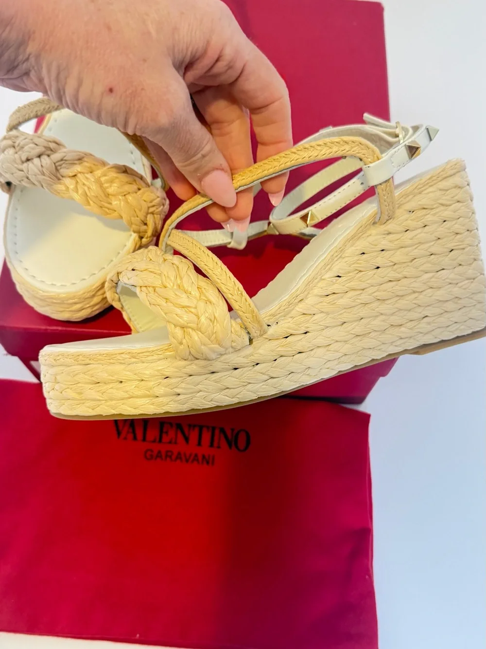 *Inspired Shoe*Cream Braided Espadrille Wedge Sandals with Ankle Straps